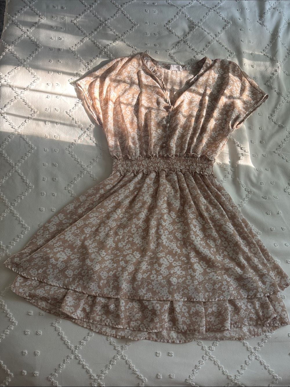 Sienna Sky Pinky Beige Floral Smocked-Waist Midi Dress